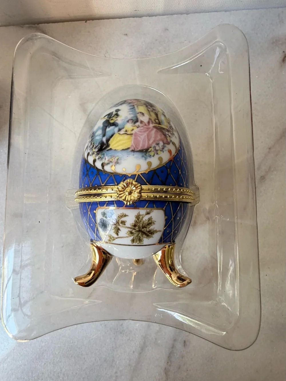 Blue Decorative Porcelain Egg Trinket Box with Gold Accents